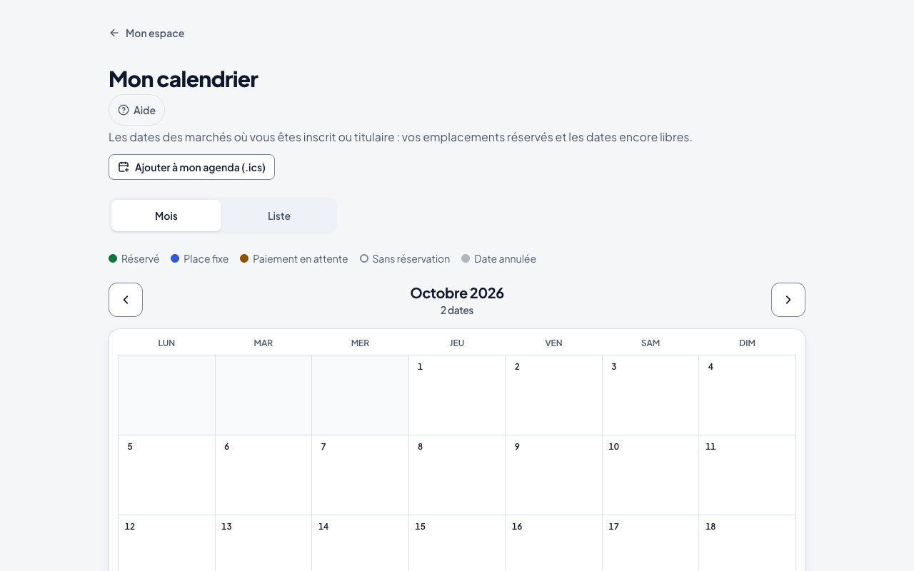 Calendrier du mois avec la légende