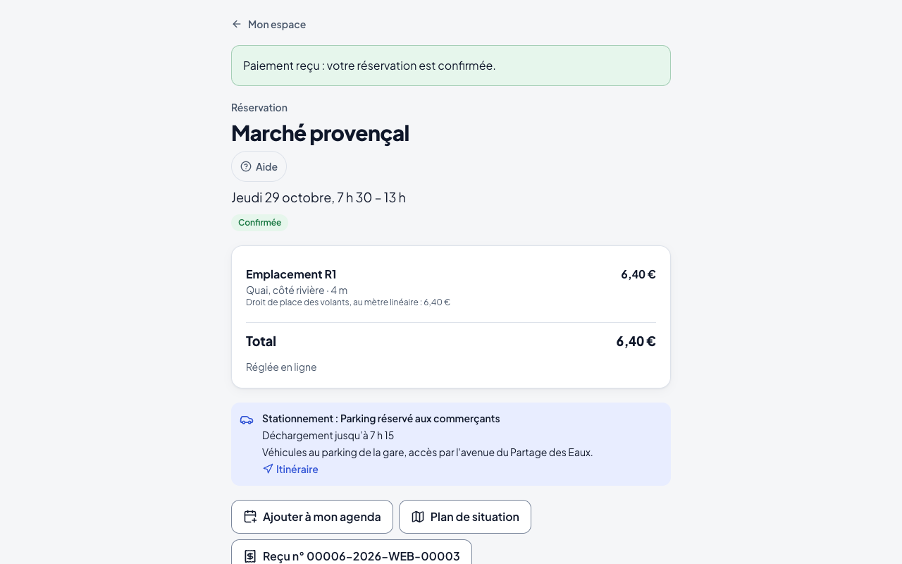 Réservation confirmée, reçu et plan de situation