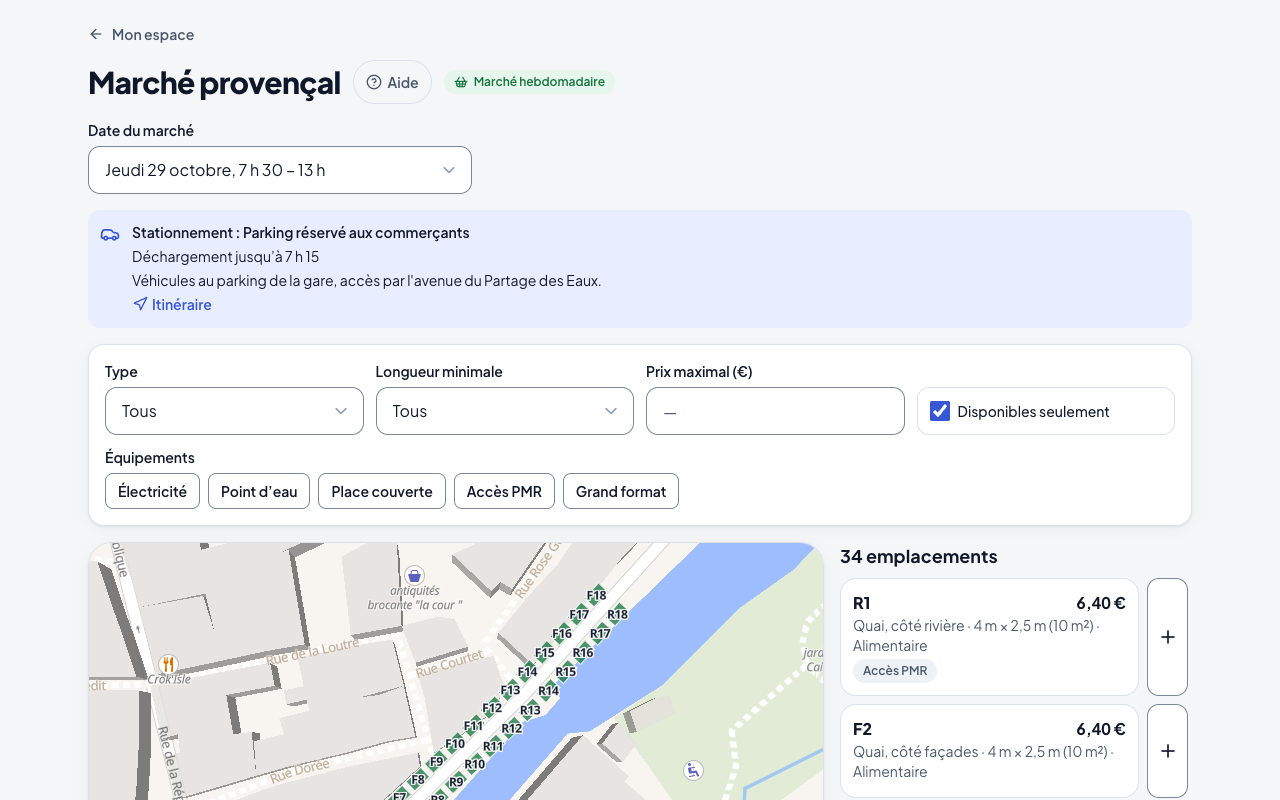 Plan des emplacements avec filtres et prix