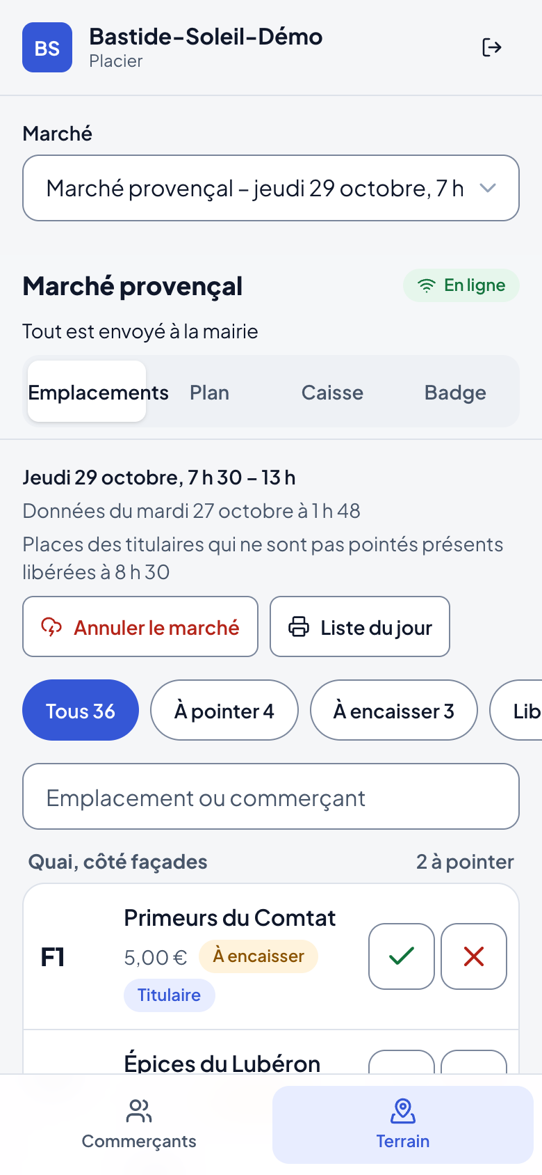 Écran Terrain du jour